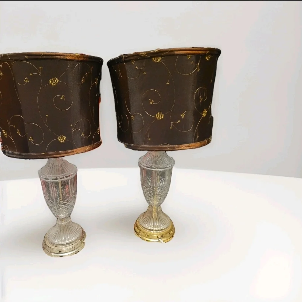 pair of Vintage Crystal and brass table lamps brown organza shade Hollywood